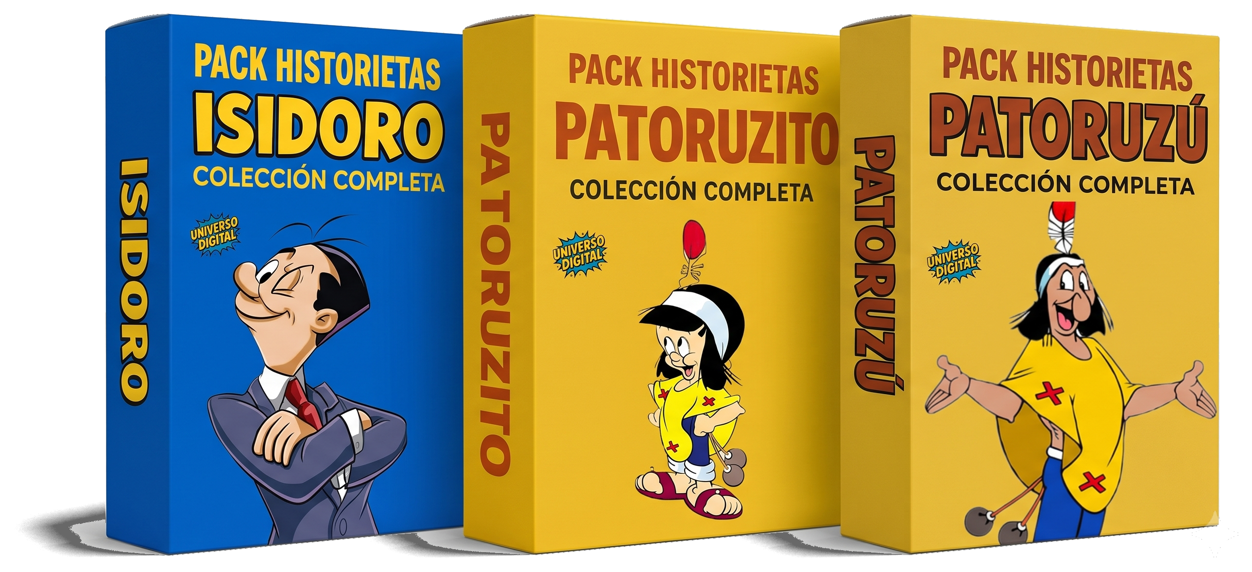 Tres cajas del pack de historietas digitales: Isidoro, Patoruzito y Patoruzú